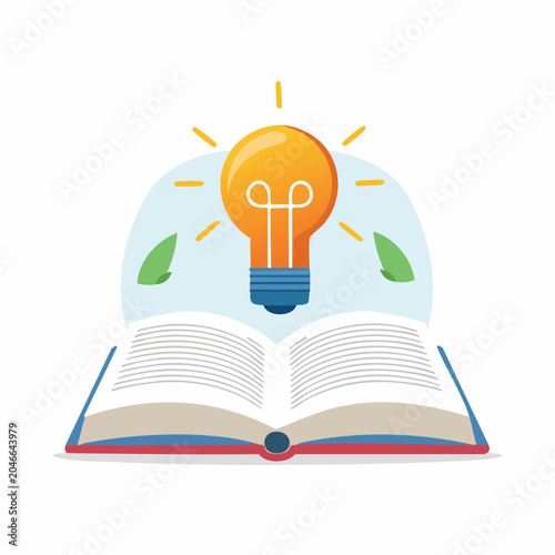 Open book with glowing light bulb symbolizing idea and knowledge