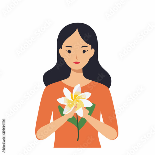 Woman Holding a White Plumeria Flower