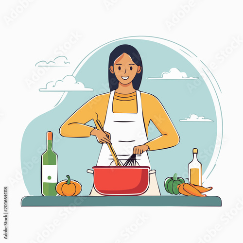 Woman Cooking in Kitchen with Vegetables and Wine