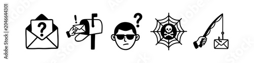 Valokuva Minimalist black and white icon set illustrating phishing, cybercrime, and email scams