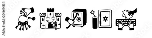 Photos Set of hand-drawn icons illustrating security breaches, including lockpicking, safe cracking, castle sieges, and digital data theft