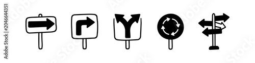 Set of hand-drawn road signs and directional arrows in a doodle style. Icons for navigation, decision making, and travel guidance isolated on white. Includes roundabout, fork, and signposts.