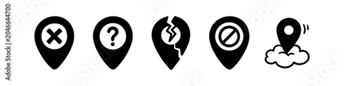 Konstfotografi Set of minimalist black location pin icons representing navigation errors, unknown places, restricted zones, and cloud-based tracking