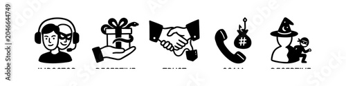 Fotografi Set of five black and white icons representing scam, fraud, and deception, including impostor, deceptive gift, fake trust, phone scam, and secret theft