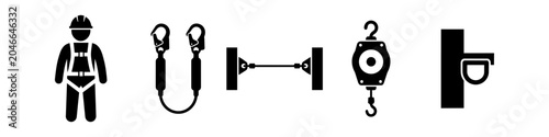 Fotografía Set of height safety and fall protection icons featuring full body harness, double lanyard, horizontal lifeline, fall arrest block, and anchor point