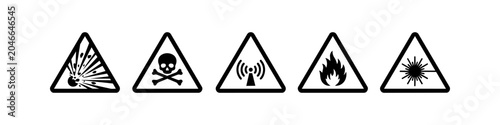 Photos Set of industrial hazard warning icons in black and white including symbols for explosive, toxic, radio frequency, flammable, and laser radiation hazards in triangular frames