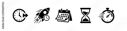 Set of minimalist black icons representing time and speed: fast-forward clock, rocket launch, calendar, hourglass, and stopwatch. Perfect for business, productivity, and scheduling concepts.
