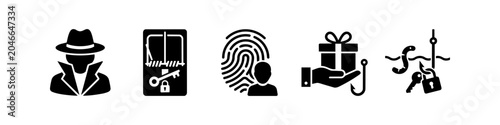 Fotografía Cybersecurity and phishing icon set featuring a spy silhouette, trap with key, biometric fingerprint, gift bait on a hook, and a lock with a worm, representing online fraud and data security risks