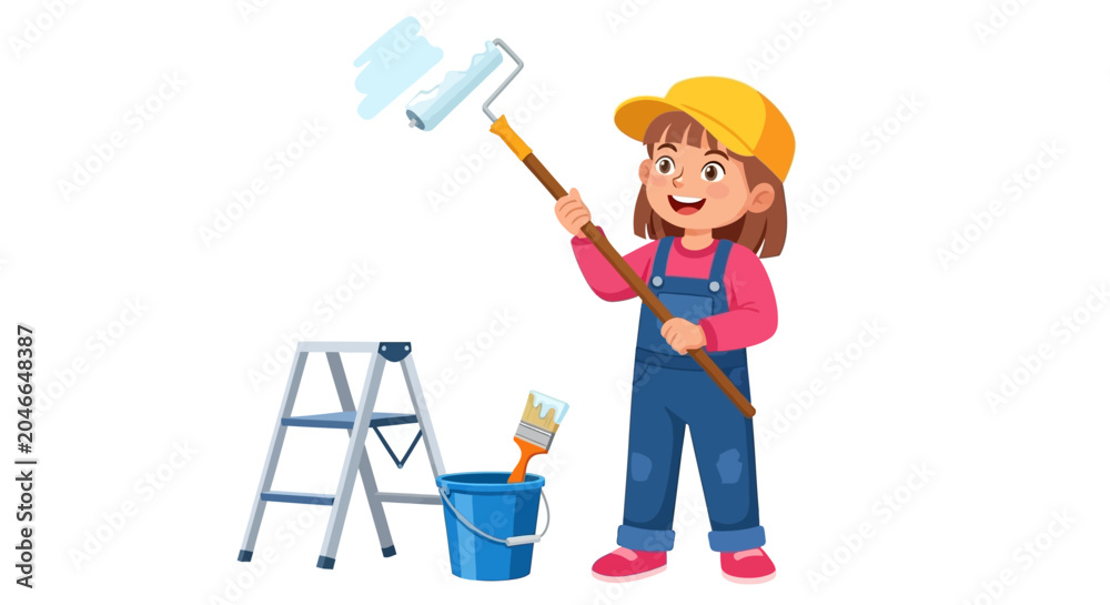 Fototapeta premium Smiling woman painting with roller and brush, home renovation concept, DIY decoration