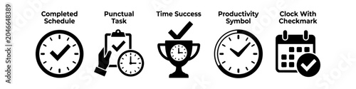 Canvastavla Set of five black flat icons representing time management, productivity, and task completion, featuring a clock, calendar, trophy, and clipboard with checkmarks on white background