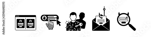 Slika na platnu Black and white vector icon set representing cyber security threats such as email phishing, identity theft, password hacking, and malicious data tracking for digital safety concepts