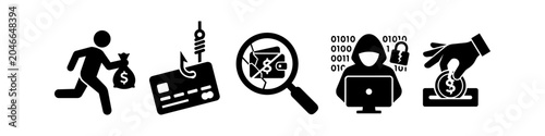 Quadro su tela Set of five black icons representing financial crime and cyber security threats, including phishing, hacking, and money theft