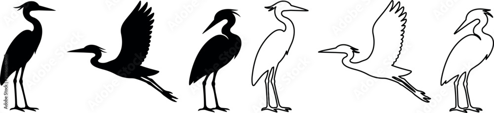 Naklejka premium A collection of three stylized crane silhouettes in black vector style, ideal for nature-themed designs and decor