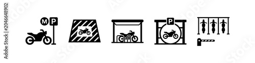 Fotografie Vector set of black motorcycle parking icons featuring designated spaces, covered shelters, street signage, and gated entrance barriers for motorbikes and scooters in urban environments