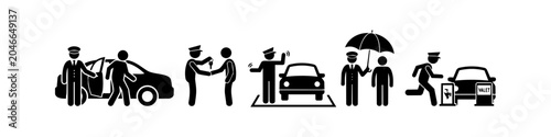 Obraz na plátně Set of valet parking service icons featuring stick figures performing tasks like opening car doors, handing over keys, directing vehicles, and providing umbrella assistance
