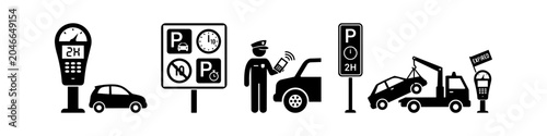 Obraz na płótnie Vector icons set showing parking regulations and enforcement, including parking meters, traffic warden scanning a car, tow truck, and expired sign