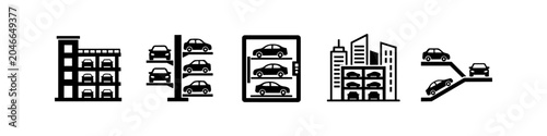 Bild auf Leinwand Set of multi-story car parking icons featuring automated systems, vertical lifts, and multi-level garages for urban infrastructure