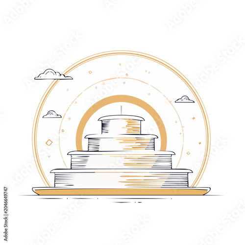 Stylized multi-tiered cake with clouds and stars