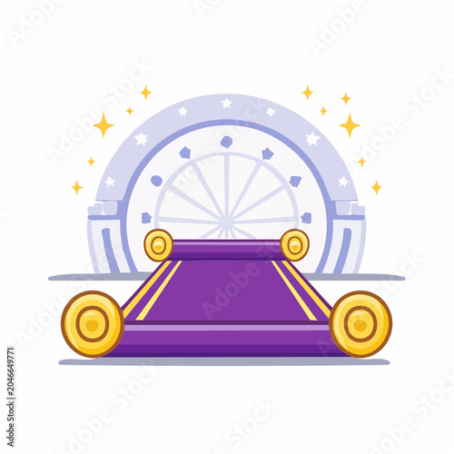 Purple carpet leading to a grand entrance with a Ferris wheel