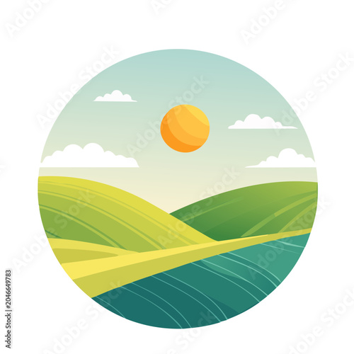 Stylized rolling hills landscape with sun and clouds