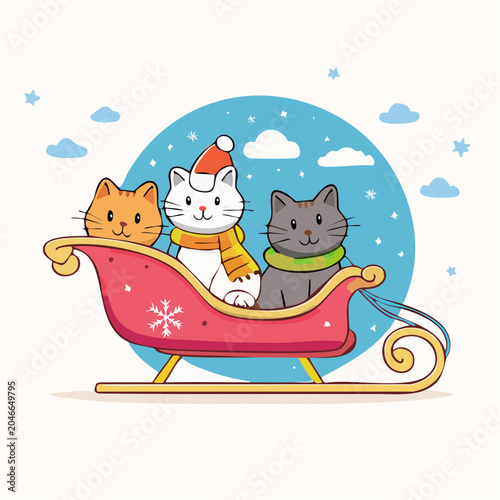Three Cute Cats in a Sleigh with Winter Scarf and Santa Hat