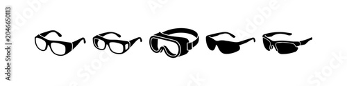 Photos Set of five black vector icons representing various safety glasses and goggles for industrial, laboratory, and sports protection
