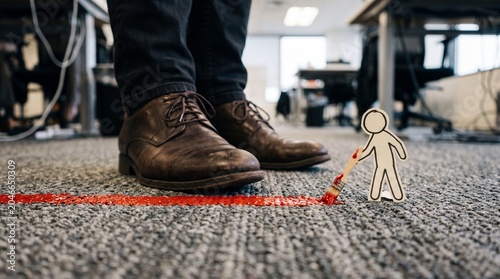 Paper figure paints a red boundary line on office carpet before large brown shoes. It conveys establishing personal limits and bravely defying towering corporate authority.