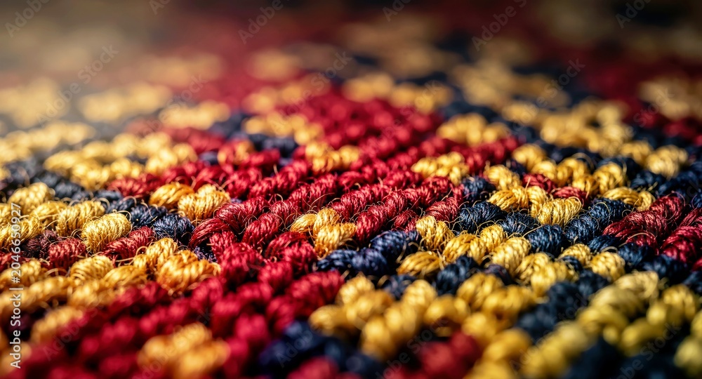 Fototapeta premium Macro shot of highly detailed hand-woven carpet knots with red, gold, and dark blue wool fibers.