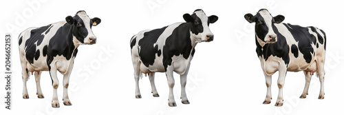 Obraz na plátně Set of Holstein Friesian Cows Isolated on White Background: Three Realistic Blac