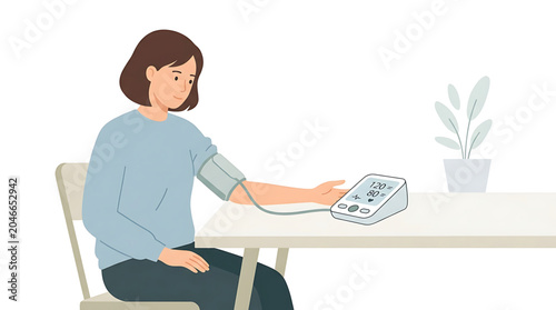 A woman sitting at a table with a blood pressure monitor on her arm, checking her health in a calm and serene environment.