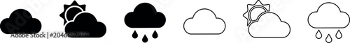 A set of weather icons featuring cloud, sun, and rain in black minimalist vector style, ideal for meteorological applications