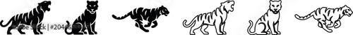 A collection of tiger silhouettes in black vector style, featuring playful, sitting, and running poses, ideal for wildlife and nature-themed designs