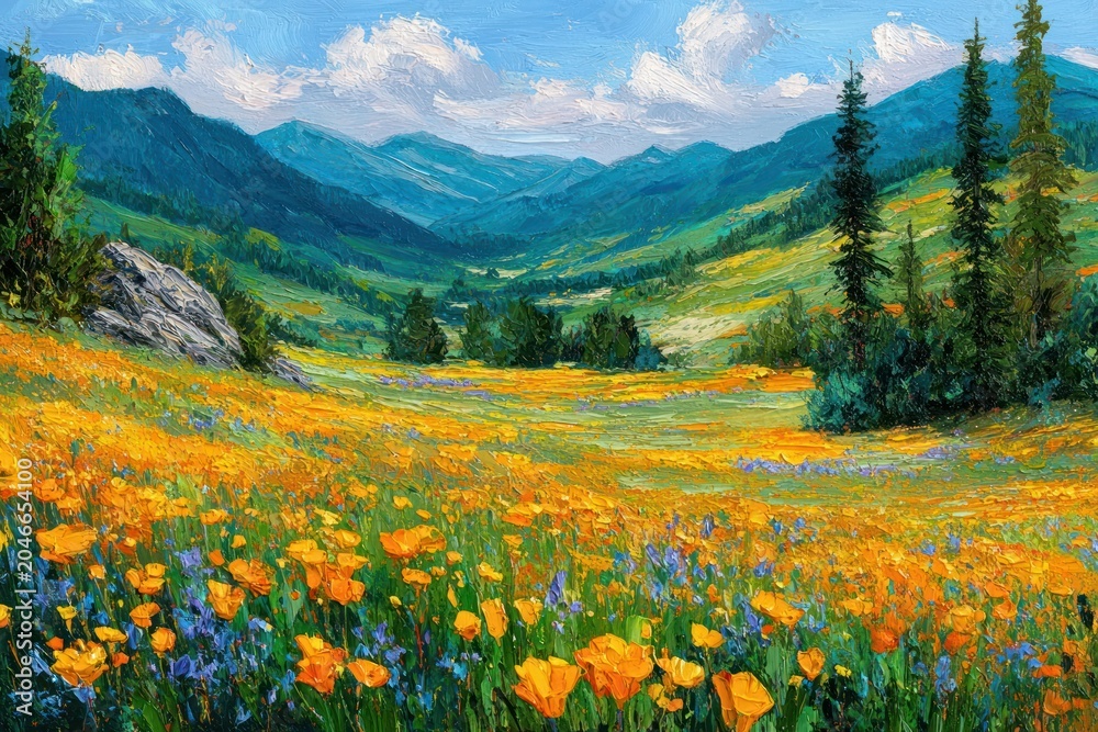 Naklejka premium Vibrant mountain meadow with colorful wildflowers.