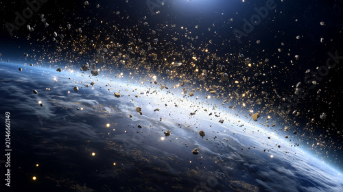 Earth Orbit Space Debris Field Above Blue Planet, Satellite Wreckage and Asteroid Fragments in Deep Space, Global Technology Risk, Orbital Collision, Cosmic Danger, Space Explorati
