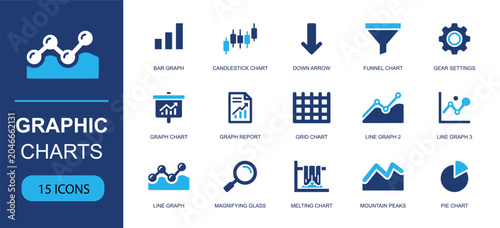 Business charts icon set containing bar graph, candlestick chart, down arrow, funnel chart, line graph, pie chart, search tool, report file, gear settings and more. Solid fill vector icons.