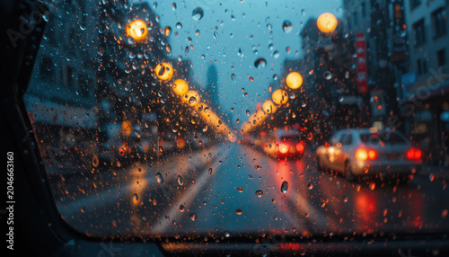 Raindrops on Car Windshield with Blurry City Street and Traffic Lights at Dusk