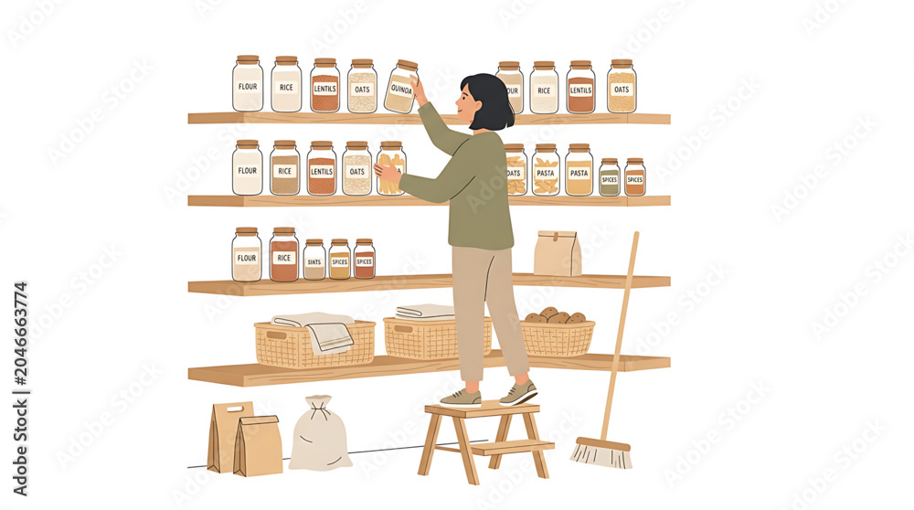 Fototapeta premium Woman organizing pantry shelves with glass jars of dry food, standing on a step stool