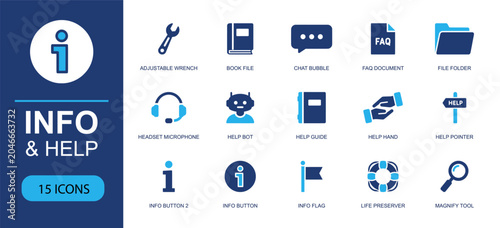 Info and help icon set. Containing adjustable wrench, book file, chat bubble, FAQ document, file folder, help bot, info button, life preserver, search tool and more. Solid fill vector icons.
