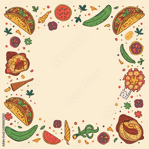 A vibrant, hand-drawn frame showcasing a variety of delicious Mexican food elements, including tacos, chili peppers, and various vegetables, set against a soft, light-yellow background