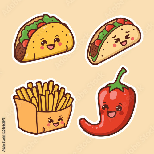 Cute cartoon set of food and ingredients like tacos, french fries, and chili pepper, with happy faces