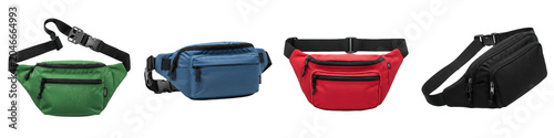 3D Realistic Waist Bags Set Isolated on Transparent Background: Green, Blue, Red, and Black Fanny Packs with Adjustable Straps for Travel, Sports, Outdoor Activities, Festival, Hip Pack, Bum Bag, and 
