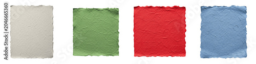 Vintage Handmade Torn Paper Sheets Set Isolated on Transparent Background: Green, Red, Blue, and White Deckle Edge Cotton Rag Sheets for Scrapbooking, Wedding Invitation, Watercolor Painting, and Text
