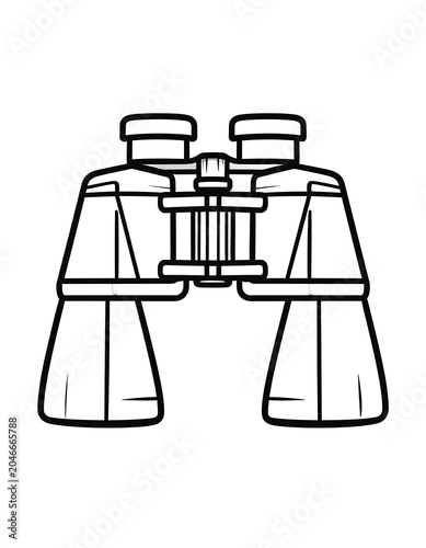 A line drawing of a pair of binoculars with a central hinge and eyepieces