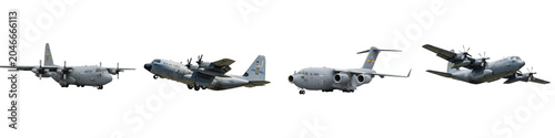 Bild auf Leinwand Set of heavy military cargo planes and tactical transport aircraft isolated on white background, 3D render strategic air force turboprop and jet airlifter collection in different flight angles