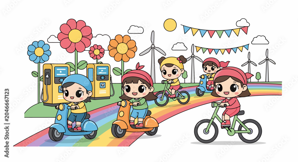 Fototapeta premium Children riding scooters and bicycles on a colorful road with windmills.