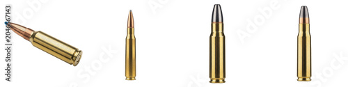 Collection of rifle ammunition and firearm cartridges with brass casings in vertical and angled layouts isolated on white background, tactical military rifle bullets for hunting, security defense and 