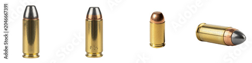 Collection of handgun bullets and pistol ammunition cartridges with brass casings isolated on white background, set of tactical firearm ammo rounds for self defense and law enforcement, isolated gun c