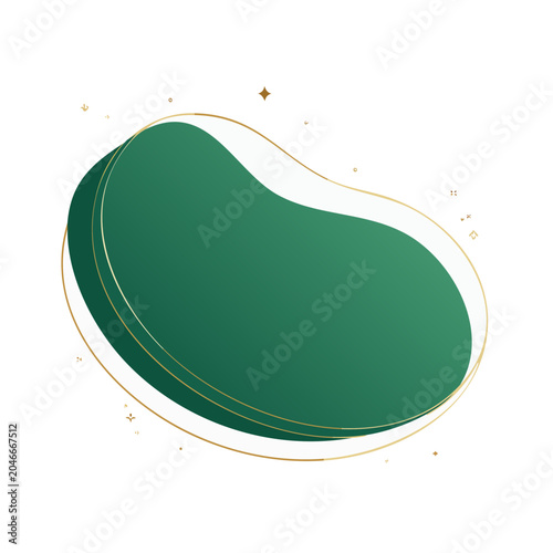 Abstract green organic shape with gold outline and sparkles
