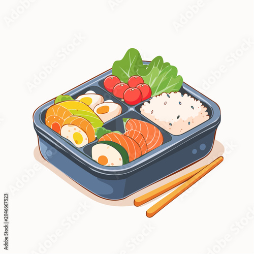 Bento Box with Salmon Sushi, Rice, and Vegetables