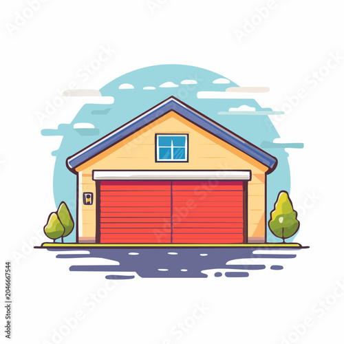 Cartoon Garage with Red Doors and Trees